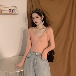 Wrinkled v - neck knitted bottoming shirt long - sleeved French temperament sweater - Negative Apparel