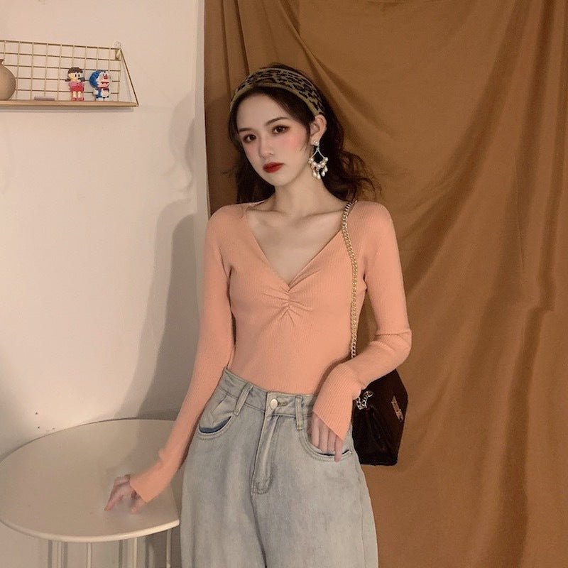 Wrinkled v - neck knitted bottoming shirt long - sleeved French temperament sweater - Negative Apparel