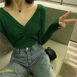 Wrinkled v - neck knitted bottoming shirt long - sleeved French temperament sweater - Negative Apparel