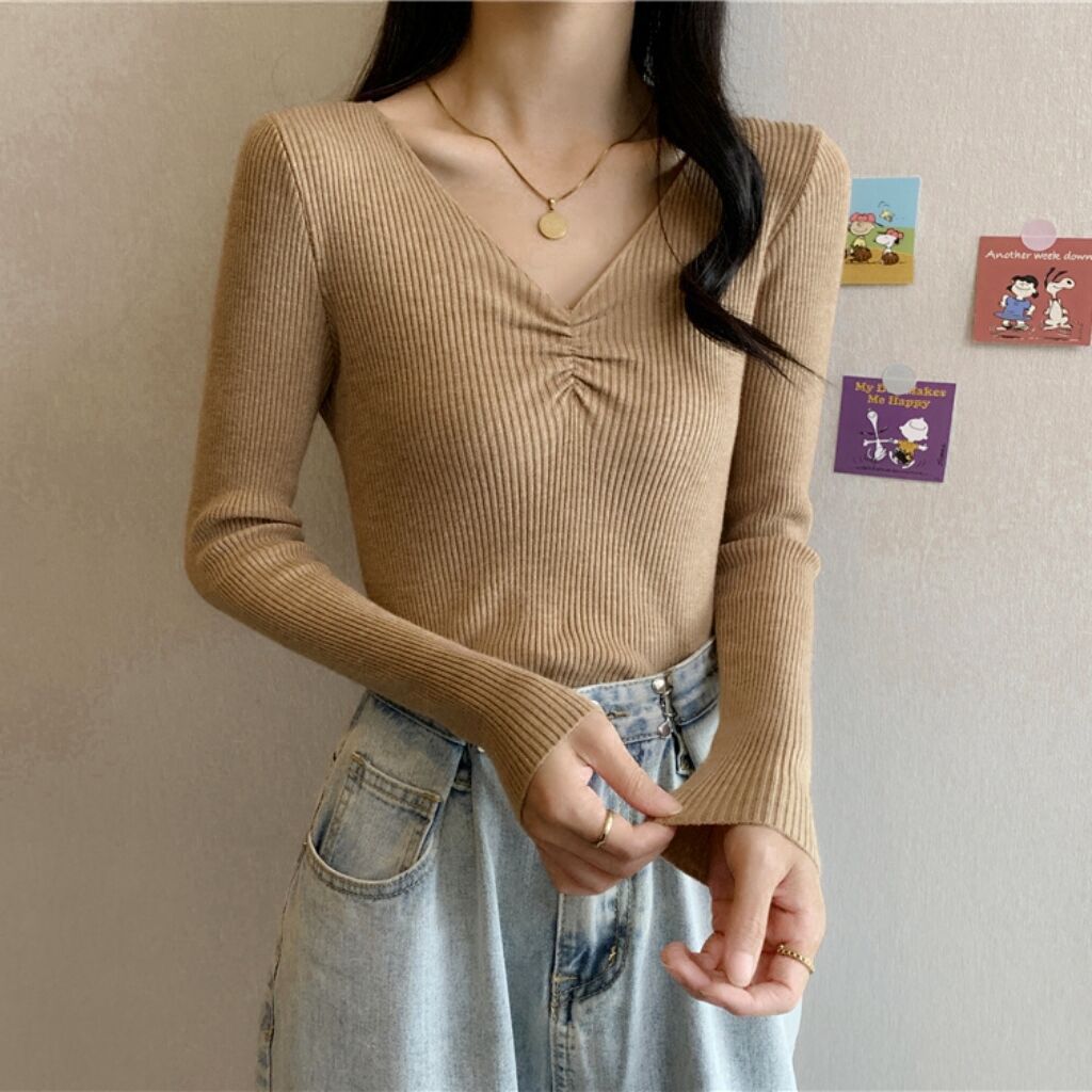 Wrinkled v - neck knitted bottoming shirt long - sleeved French temperament sweater - Negative Apparel