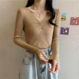 Wrinkled v - neck knitted bottoming shirt long - sleeved French temperament sweater - Negative Apparel