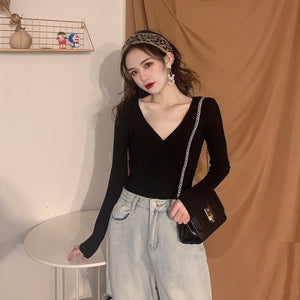 Wrinkled v - neck knitted bottoming shirt long - sleeved French temperament sweater - Negative Apparel