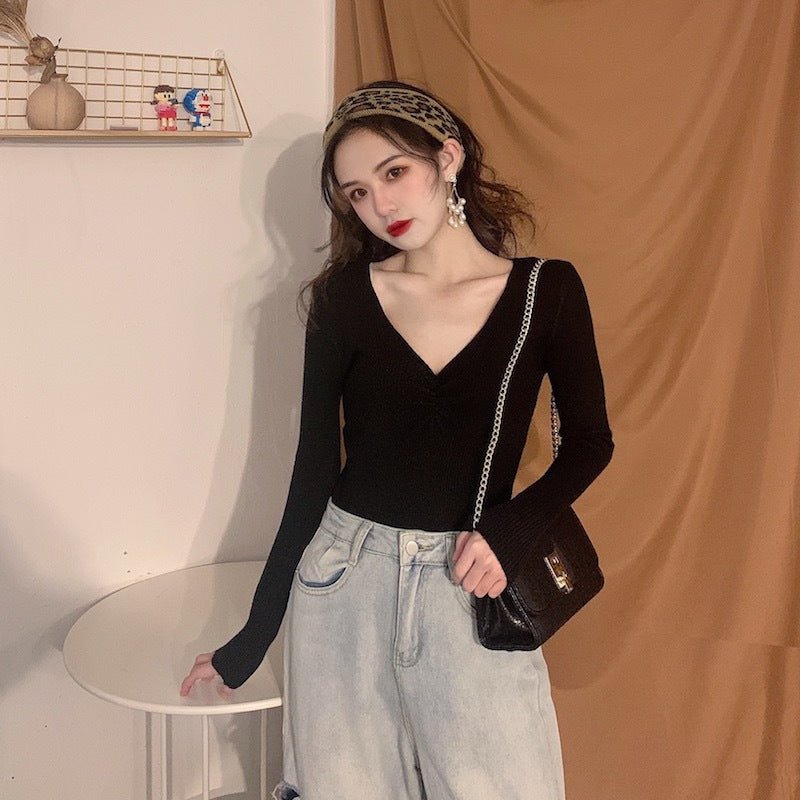 Wrinkled v - neck knitted bottoming shirt long - sleeved French temperament sweater - Negative Apparel