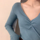 Wrinkled v - neck knitted bottoming shirt long - sleeved French temperament sweater - Negative Apparel