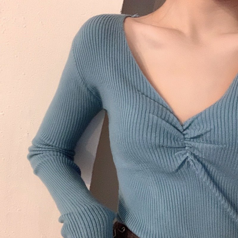 Wrinkled v - neck knitted bottoming shirt long - sleeved French temperament sweater - Negative Apparel