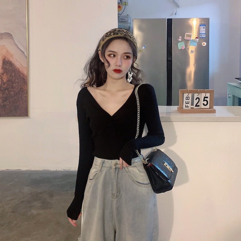 Wrinkled v - neck knitted bottoming shirt long - sleeved French temperament sweater - Negative Apparel