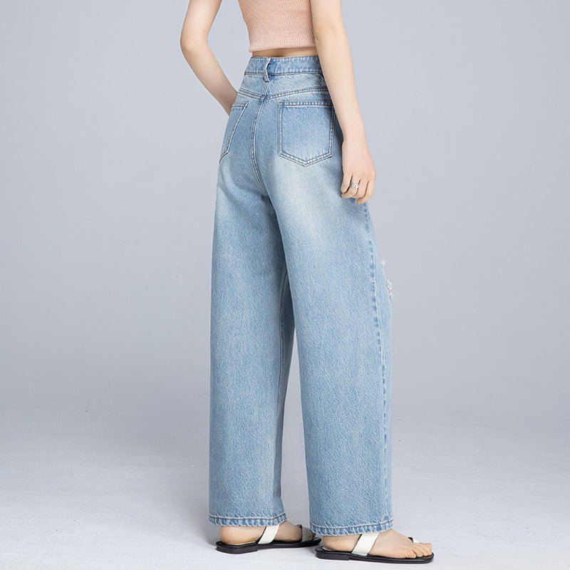 Xinge High Street Blue and Pink Ripped Jeans Women's High Waist Skinny Tencel Cotton Thin Boyfriend Style Casual Wide Leg Pants - Negative Apparel