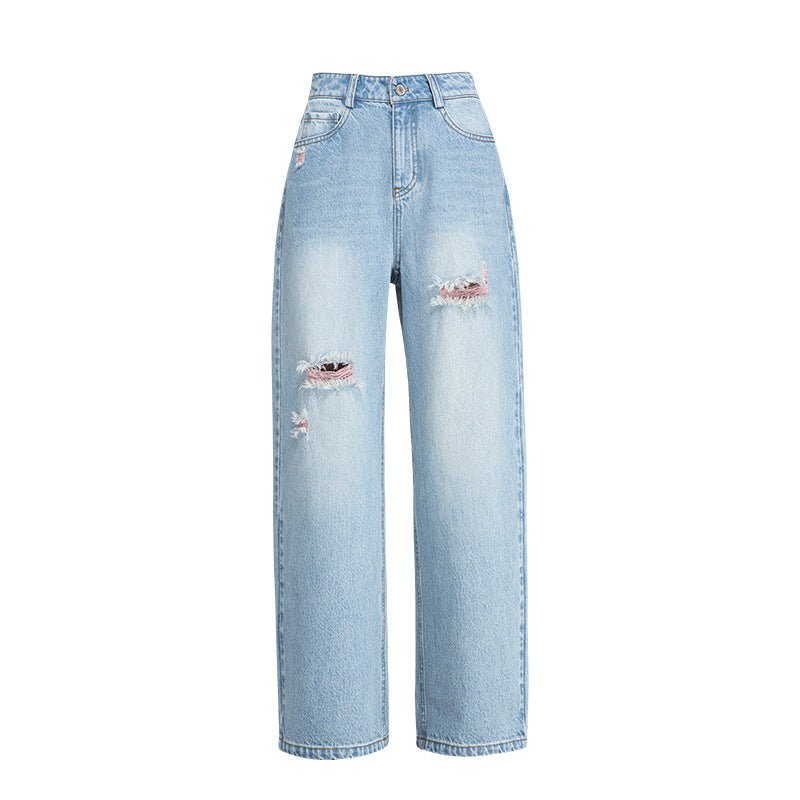 Xinge High Street Blue and Pink Ripped Jeans Women's High Waist Skinny Tencel Cotton Thin Boyfriend Style Casual Wide Leg Pants - Negative Apparel