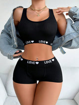 Yoga Ladies' Bra & Boyshorts Underwear Set With Letter - Printed Elastic Tape - Negative Apparel