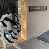 Zebra pattern imitation mink hair v - neck sweater women's autumn and winter loose lazy wind knitted sweater jumper top fluffy coat - Negative Apparel