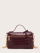 Zip Front Crocodile Embossed Satchel Bag With Bag Charm - Negative Apparel