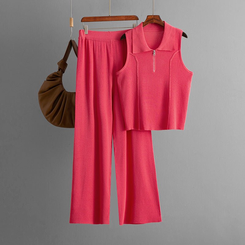 Zipper knitted lapel small vest top fashion set + high - waisted casual pants two - piece set - Negative Apparel