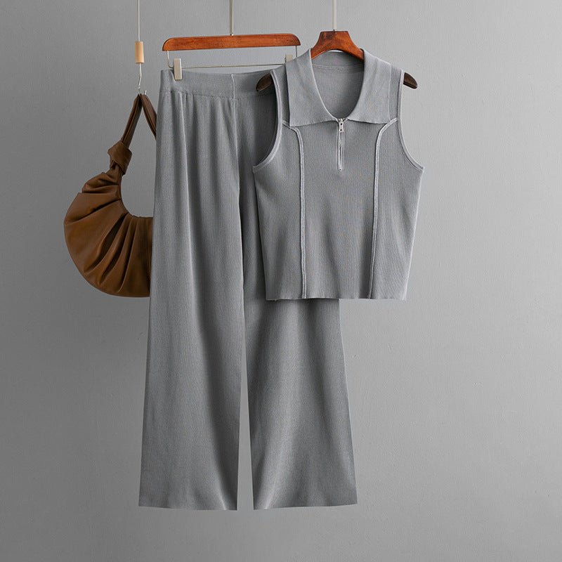 Zipper knitted lapel small vest top fashion set + high - waisted casual pants two - piece set - Negative Apparel