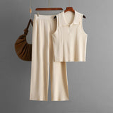 Zipper knitted lapel small vest top fashion set + high - waisted casual pants two - piece set - Negative Apparel