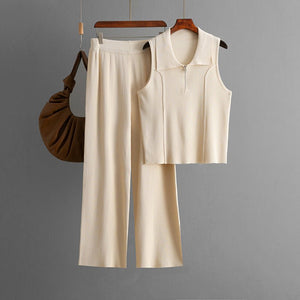 Zipper knitted lapel small vest top fashion set + high - waisted casual pants two - piece set - Negative Apparel