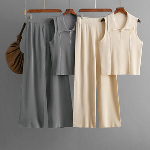 Zipper knitted lapel small vest top fashion set + high - waisted casual pants two - piece set - Negative Apparel