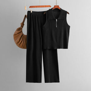 Zipper knitted lapel small vest top fashion set + high - waisted casual pants two - piece set - Negative Apparel