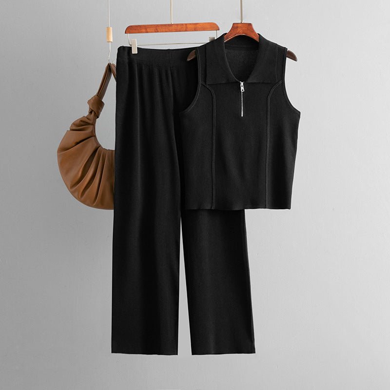Zipper knitted lapel small vest top fashion set + high - waisted casual pants two - piece set - Negative Apparel