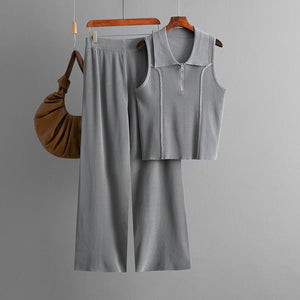 Zipper knitted lapel small vest top fashion set + high - waisted casual pants two - piece set - Negative Apparel