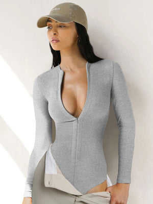 Zipper solid color slim fit long sleeve knitted bodysuit - Negative Apparel