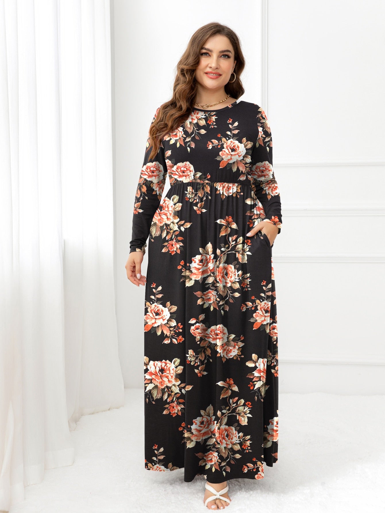 SHEIN Mulvari Plus Floral Print Butterfly Sleeve Belted Maxi Dress -  Negative Apparel