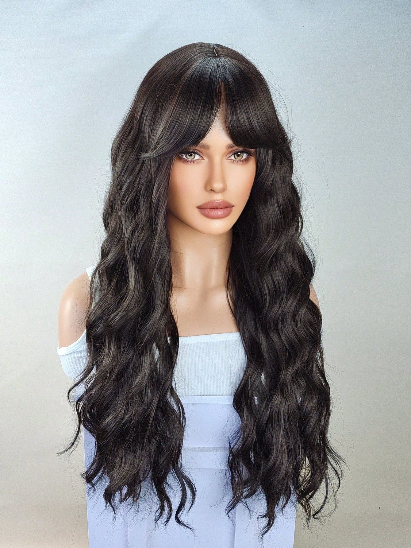 Long black brown Wavy Wigs for Women Brown Curly Wigs With Air