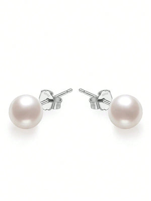 1pair Elegant Cultured Pearl Decor Silver Stud Earrings - Negative Apparel