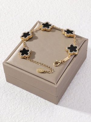 1pc Black Clover & Rhinestone Decor Women's Chain Bracelet (Without Packaging Box) - Negative Apparel