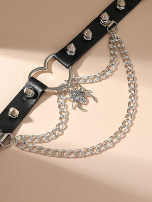 1pc Gothic Punk Style Pu Leather Studded Choker, Spider & Heart Pendant - Negative Apparel
