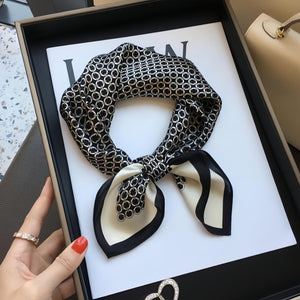 1pc Ladies' 70cm Square Scarf, Satin Face Silk Scarf, Neck Scarf, Headscarf, Hair Accessory, Black Round Checkered Puzzle Scarf For Vacation, Daily Decoration And Wear - Negative Apparel