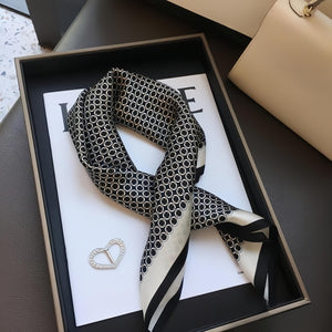1pc Ladies' 70cm Square Scarf, Satin Face Silk Scarf, Neck Scarf, Headscarf, Hair Accessory, Black Round Checkered Puzzle Scarf For Vacation, Daily Decoration And Wear - Negative Apparel
