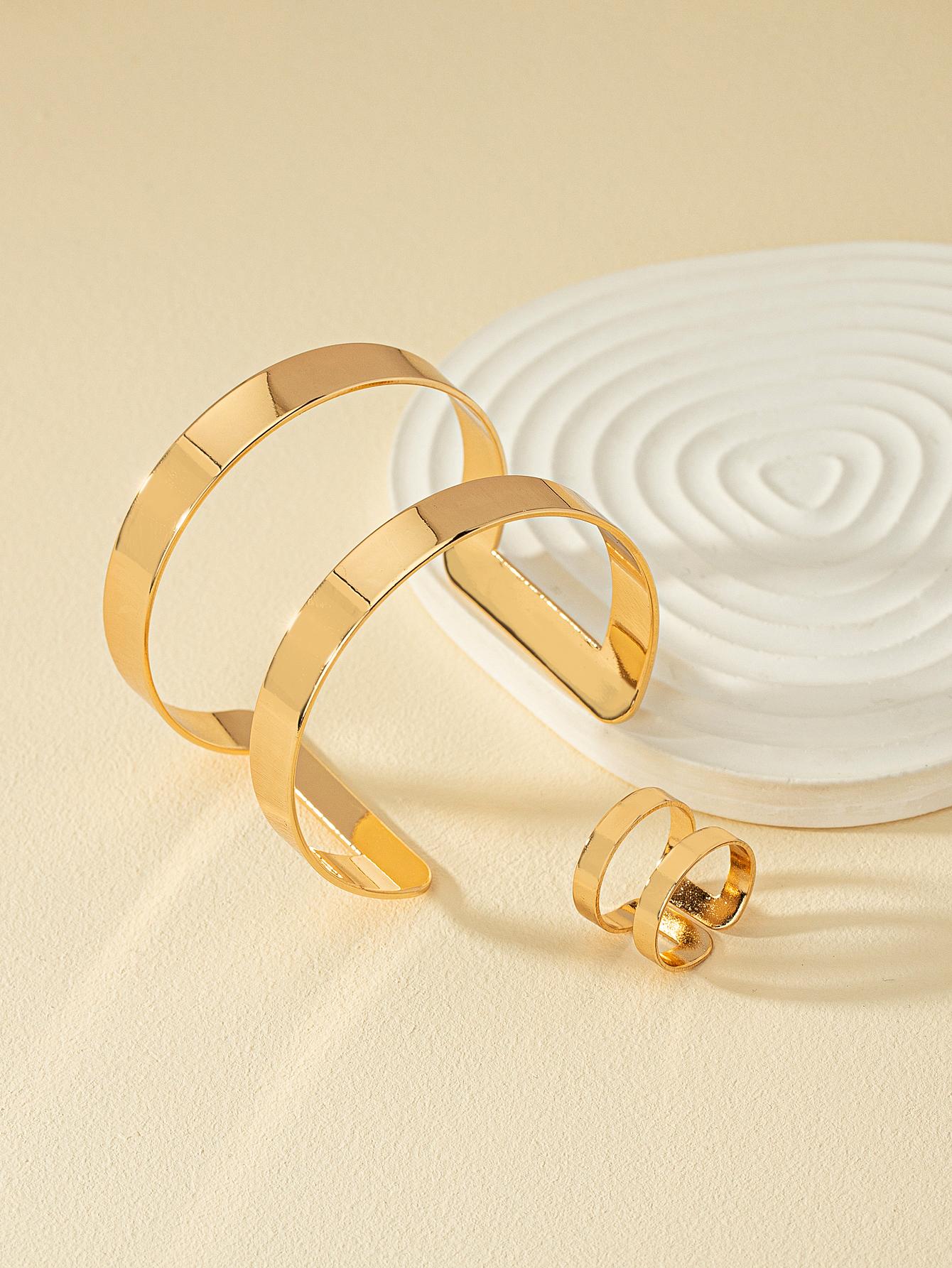1pc Metallic Fashionable Geometric Bangle & 1pc Metallic Fashionable Geometric Ring - Negative Apparel