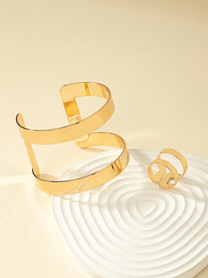 1pc Metallic Fashionable Geometric Bangle & 1pc Metallic Fashionable Geometric Ring - Negative Apparel