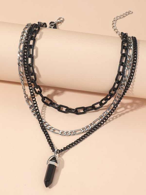 1pc Multilayer Black Metal Chain Stone Snake Pendant Necklace Suitable For Women's Daily Wear - Negative Apparel