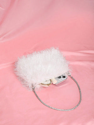 1pc Rhinestone Decor Wristlet Furry Zipper Clutch Shoulder & Crossbody Bag For Women, Perfect For Party & Dinner - Negative Apparel