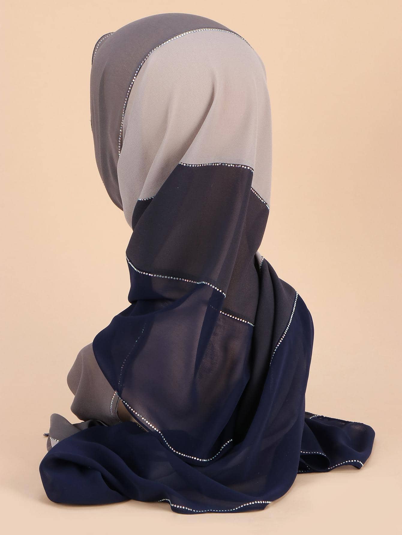 1pc Scarf Chiffon Patchwork Breathable Hijab With Rhinestone Decoration - Negative Apparel