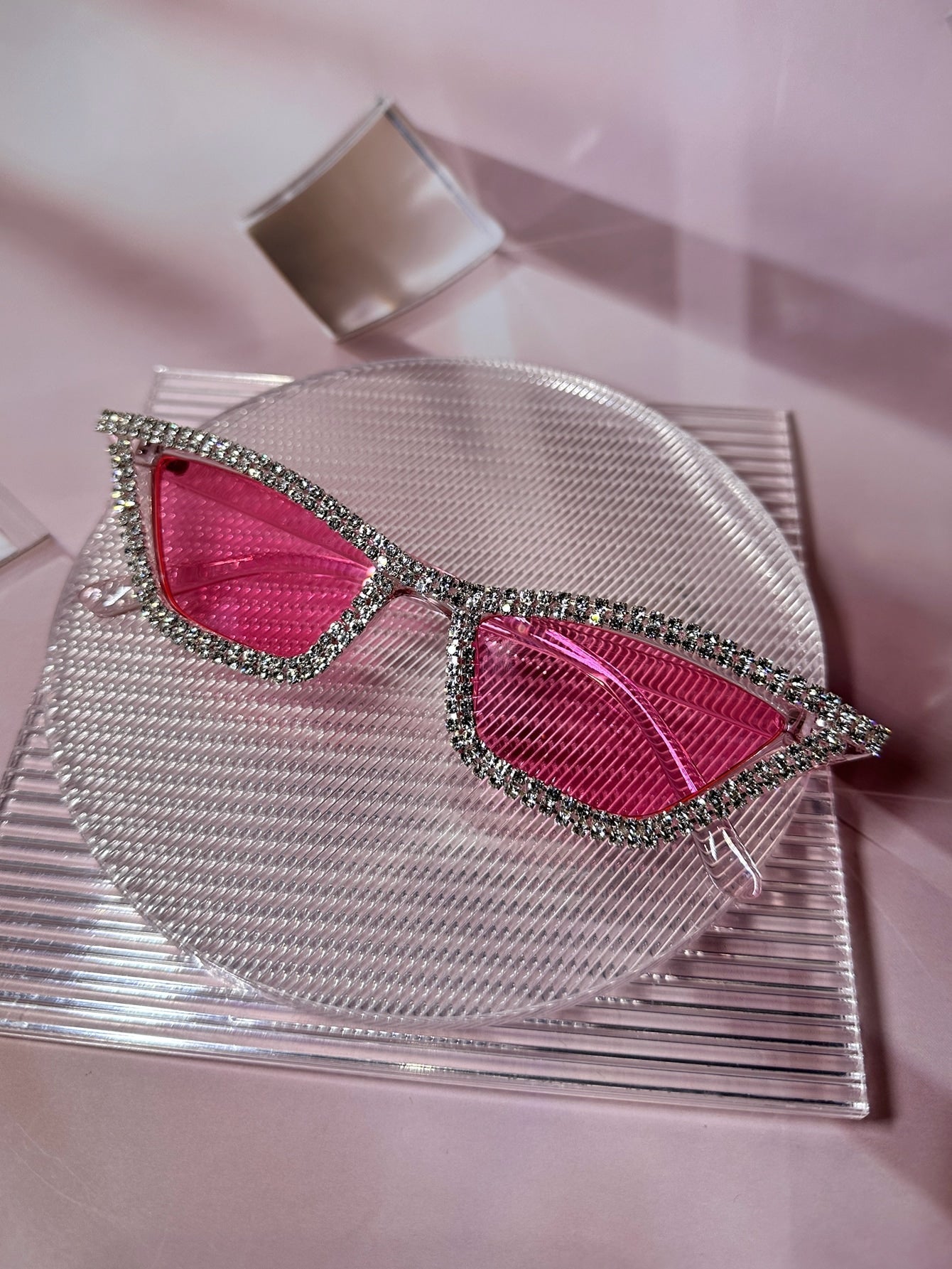 1pc Women's Rhinestone Decorated Pink Frame Cat Eye Sunglasses - Negative Apparel