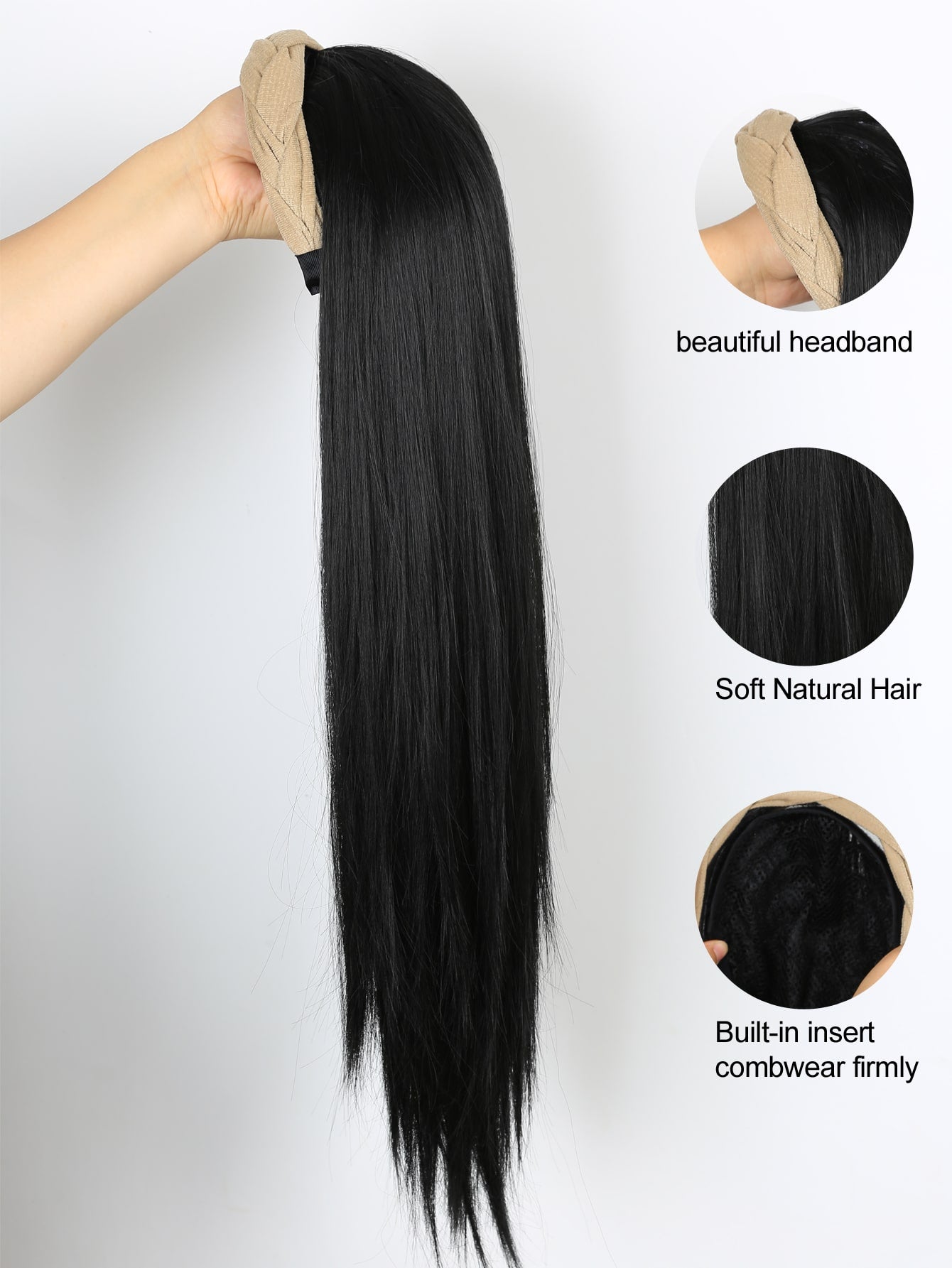22inch Long Straight Hairpiece Removable Headband Wig brown's Synthetic Cover Wig Natural Straight Natural Hairpiece half wig - Negative Apparel