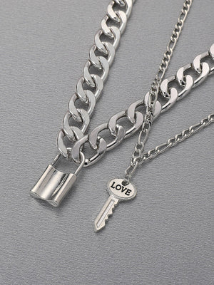 2pcs Letter Detail Key & Lock Charm Necklace - Negative Apparel