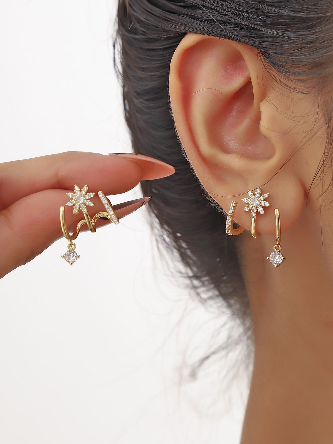 2pcs/set Glamorous Copper Cubic Zirconia Detail Flower Decor Dangle Earrings - Negative Apparel