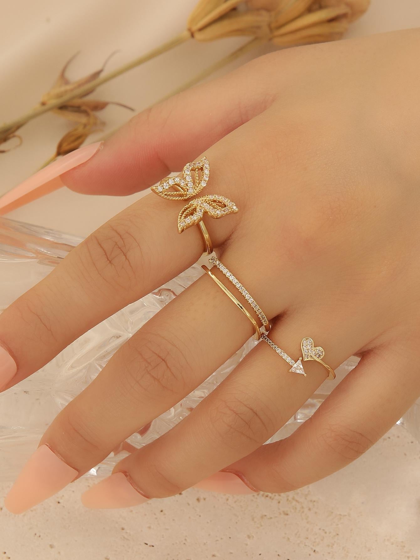 3pcs Copper Fashion Elegant Classic Adjustable Butterfly & Heart Shaped Ring With Full White Zirconia - Negative Apparel