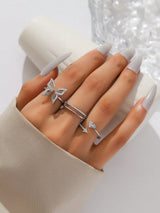 3pcs Copper Fashion Elegant Classic Adjustable Butterfly & Heart Shaped Ring With Full White Zirconia - Negative Apparel