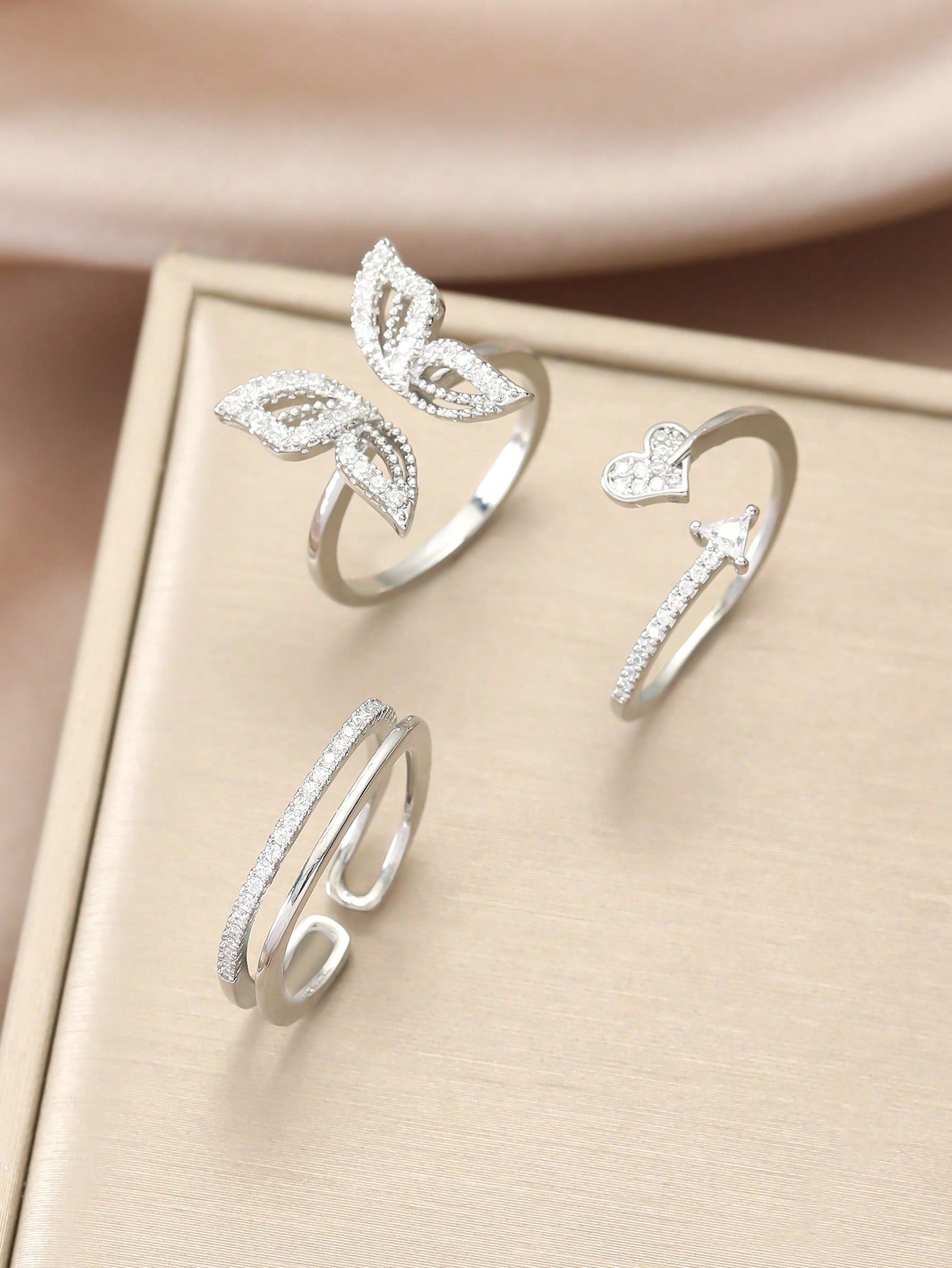 3pcs Copper Fashion Elegant Classic Adjustable Butterfly & Heart Shaped Ring With Full White Zirconia - Negative Apparel