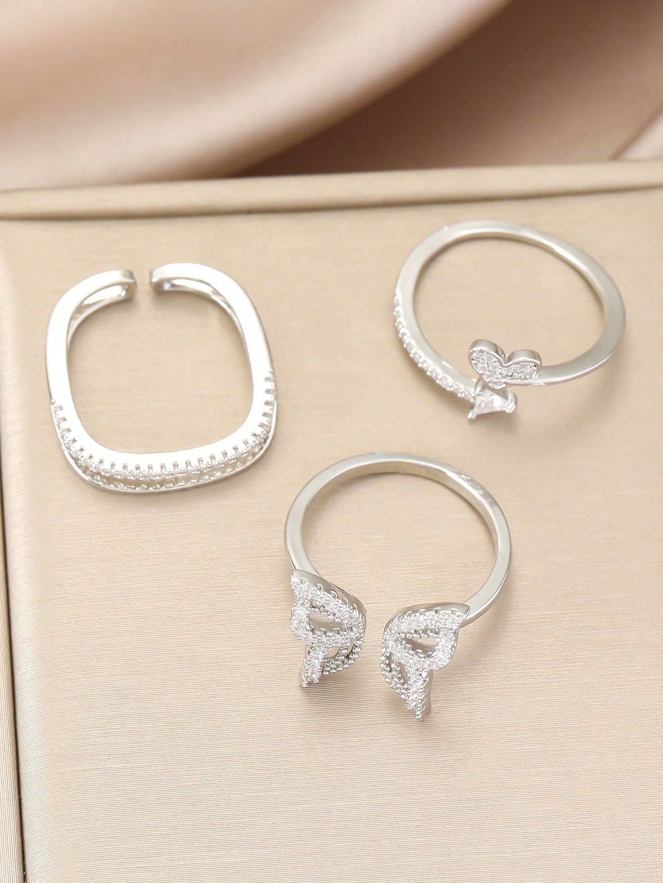 3pcs Copper Fashion Elegant Classic Adjustable Butterfly & Heart Shaped Ring With Full White Zirconia - Negative Apparel