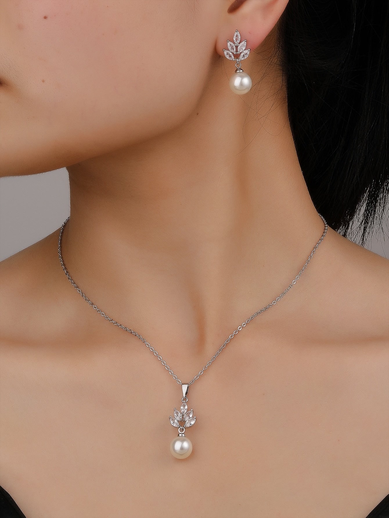 3pcs Cubic Zirconia & Faux Pearl Decor Necklace & Earrings - Negative Apparel