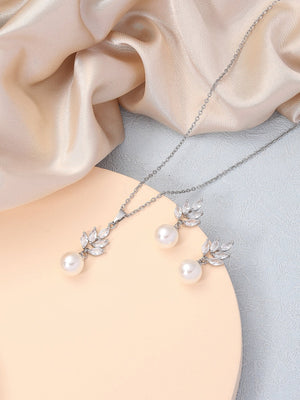 3pcs Cubic Zirconia & Faux Pearl Decor Necklace & Earrings - Negative Apparel