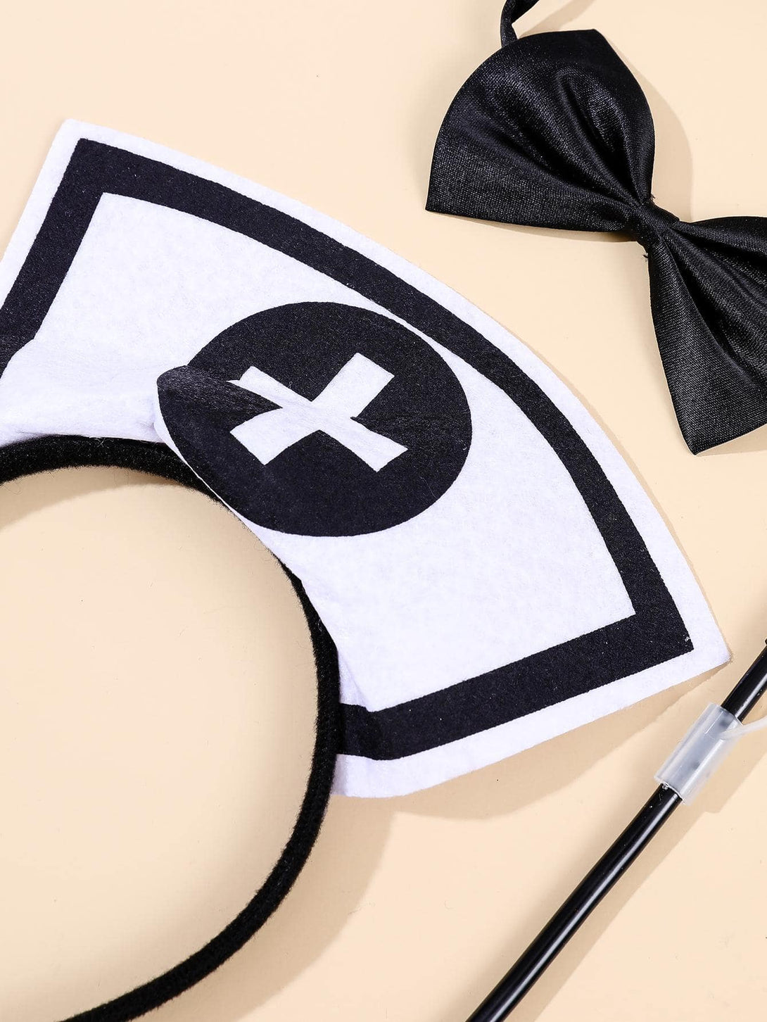 3pcs Women Nurse Cap & Bow Decor Costume Prop For Party Decoration - Negative Apparel
