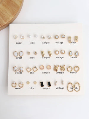 40pcs Rabbit Shaped Pearl & Rhinestone Decor Metallic Color Stud Earrings Set - Negative Apparel
