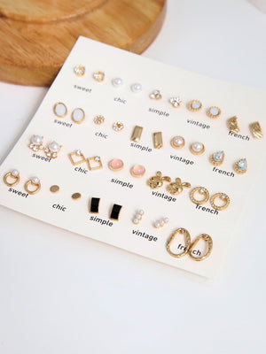 40pcs Rabbit Shaped Pearl & Rhinestone Decor Metallic Color Stud Earrings Set - Negative Apparel