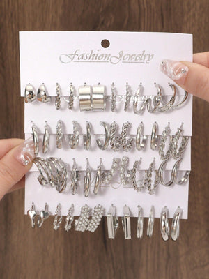 48pairs/set Glamorous Faux Pearl Decor Twist Hoop Earrings For Gift - Negative Apparel